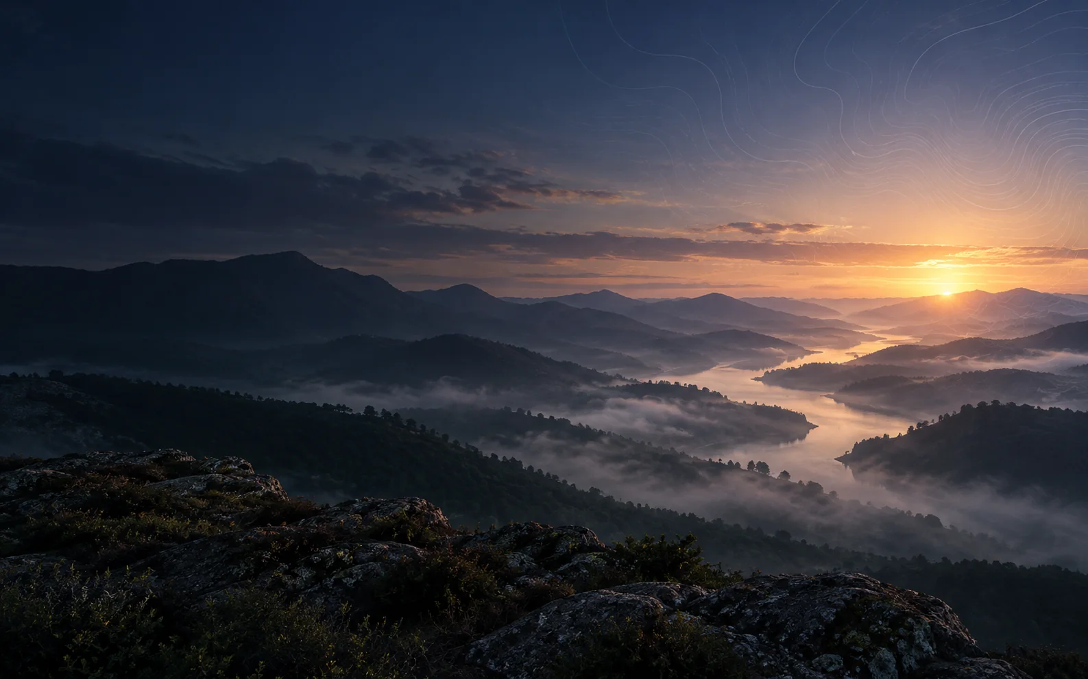 Amanhecer sobre uma paisagem serena